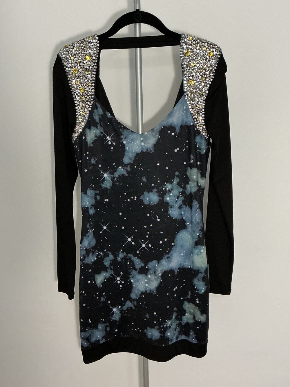 Bebe Galaxy-Print Long Sleeve Mini Dress with Crystal Shoulders - Black/Blue